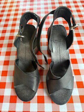 Dolce Vita Black Leather Crisscross Wood Block Heel Sandals